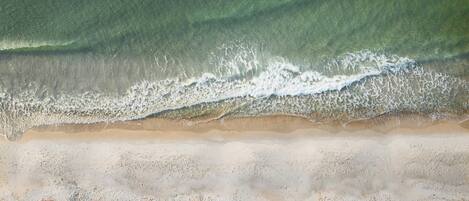A beach with waves approaching the shore, and several red umbrellas lined up on the sand.