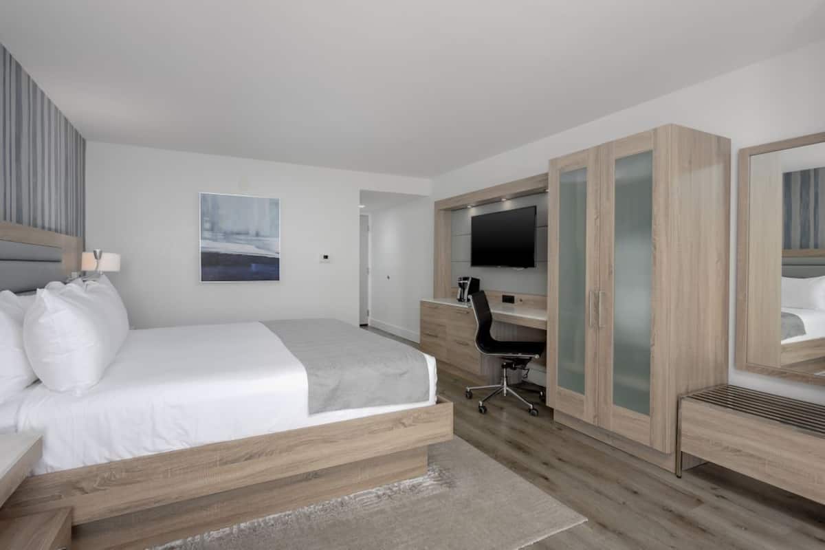 A modern bedroom with a bed, desk, TV, and wardrobe.