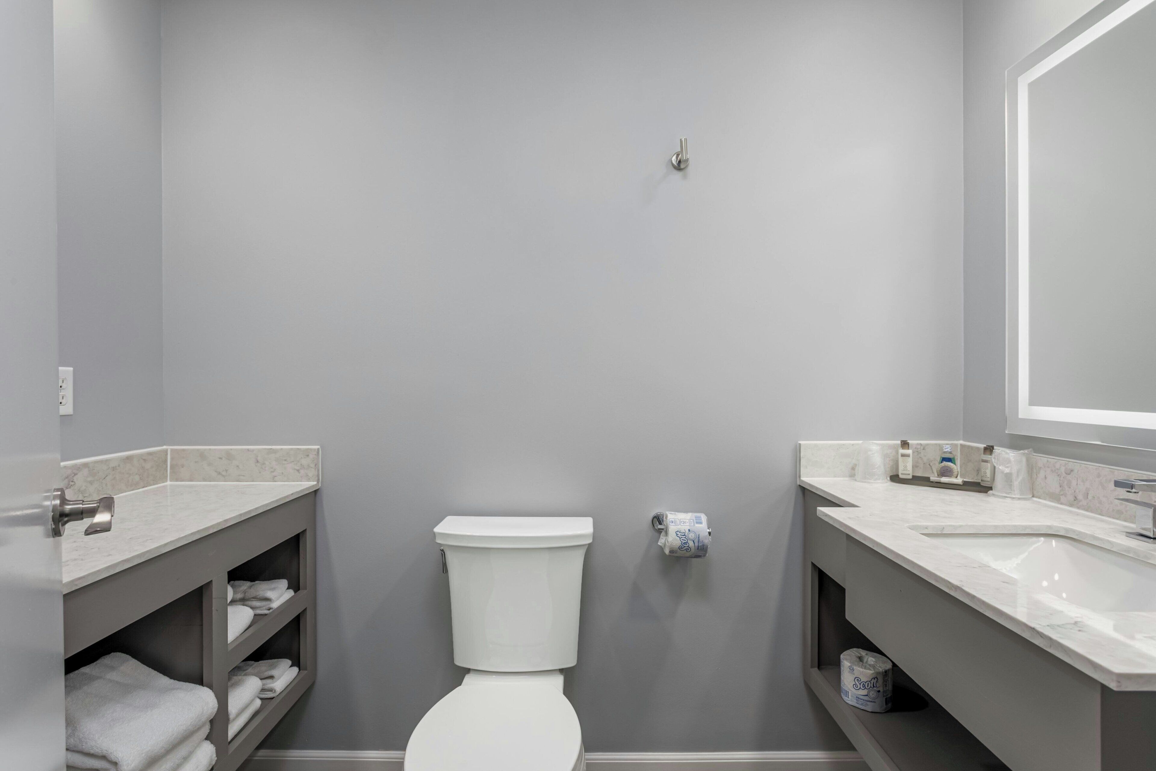 A bathroom with a toilet, two sinks, and a mirror.