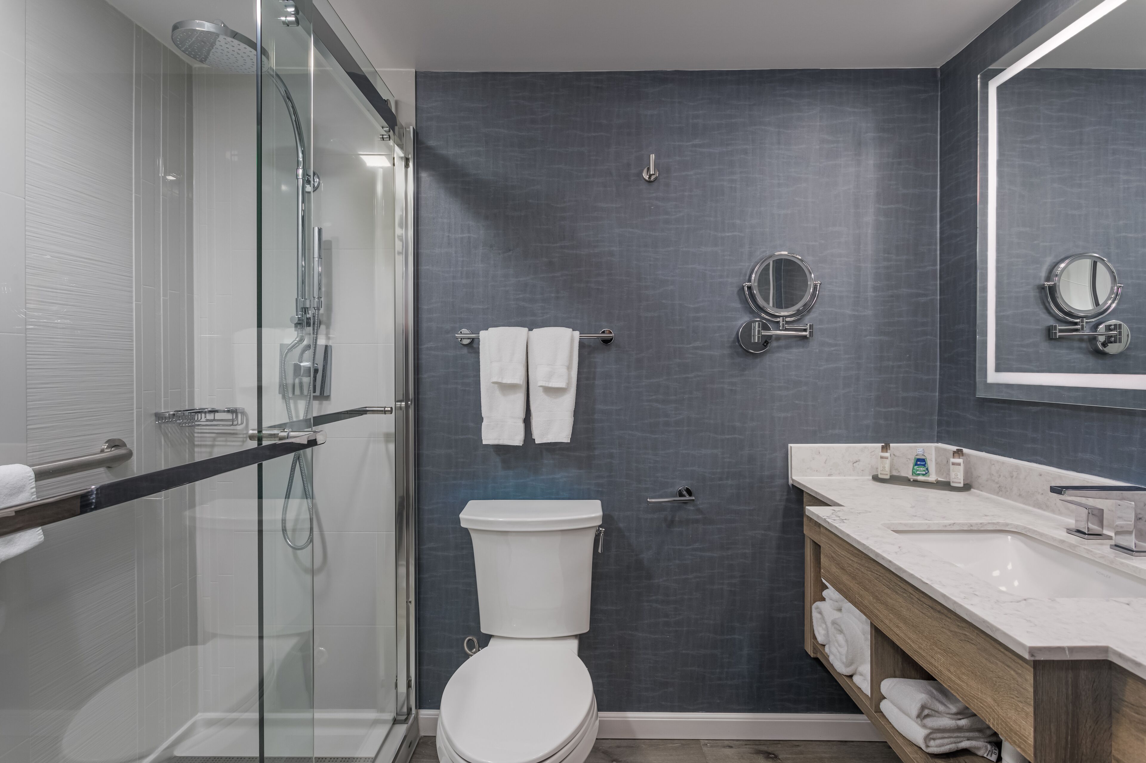 A modern bathroom with a glass-enclosed shower, a white toilet, and a vanity with a sink and mirror.