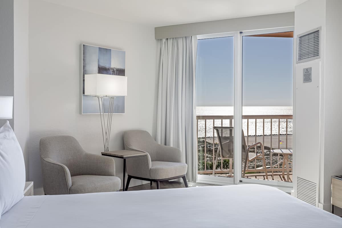 Beach View King | Premium bedding, in-room safe, desk, laptop workspace