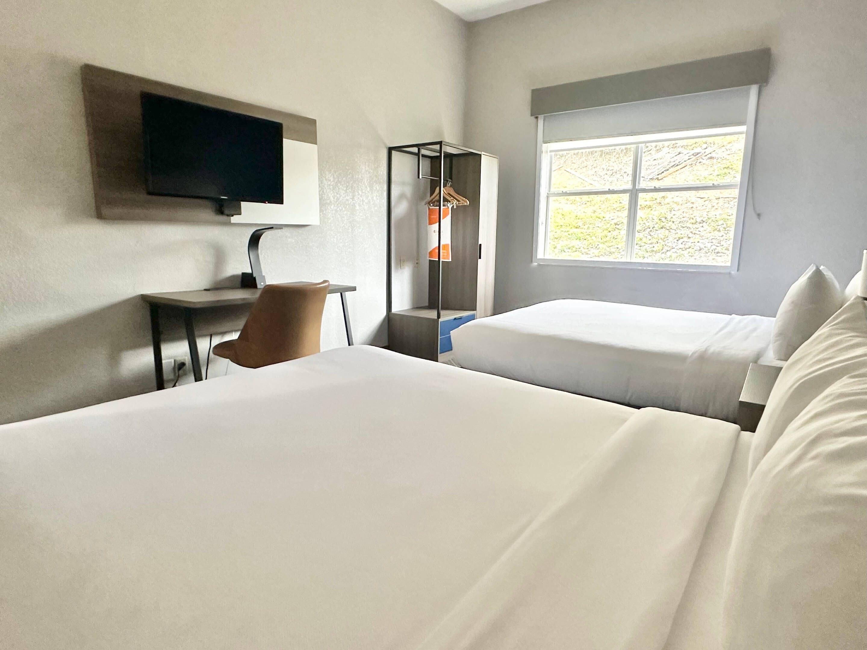 A hotel room with two beds, a desk, a chair, a TV, and a window with a view of greenery.