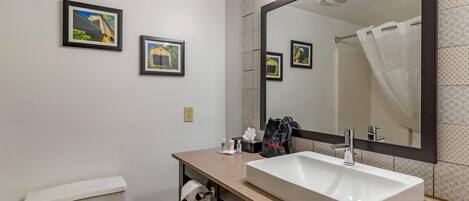Une salle de bain avec des toilettes, un lavabo, un miroir et deux tableaux encadrés accrochés au mur.