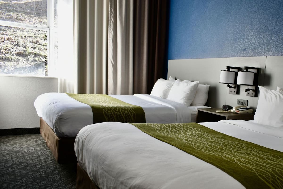 Une chambre d’hôtel avec deux lits, une table de chevet, une lampe et une fenêtre avec des rideaux.