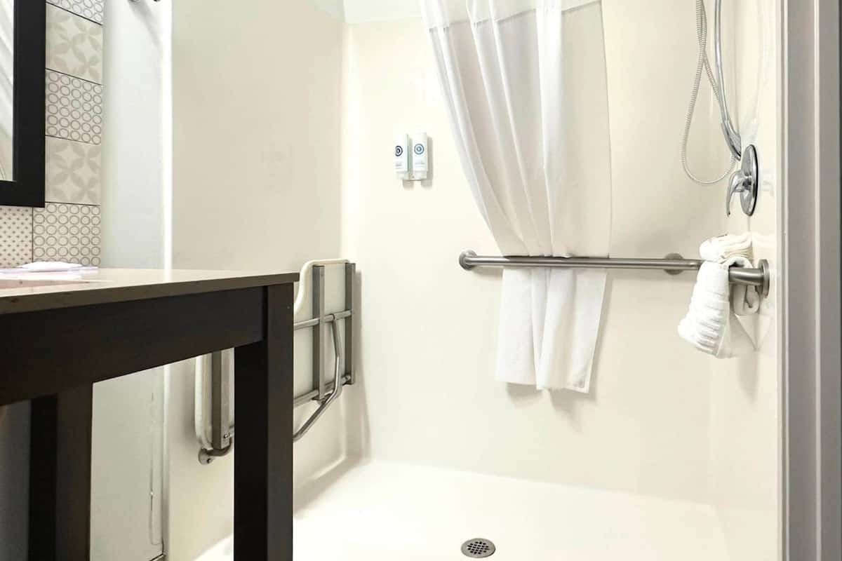 Une salle de bain moderne équipée d’une douche, d’une barre d’appui, d’un porte-serviettes et de toilettes.