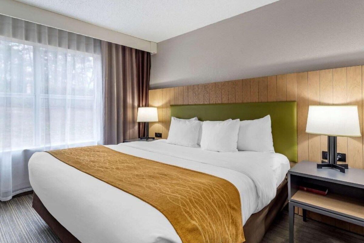 A hotel room with a large bed, two bedside tables, a headboard, and a window with curtains.