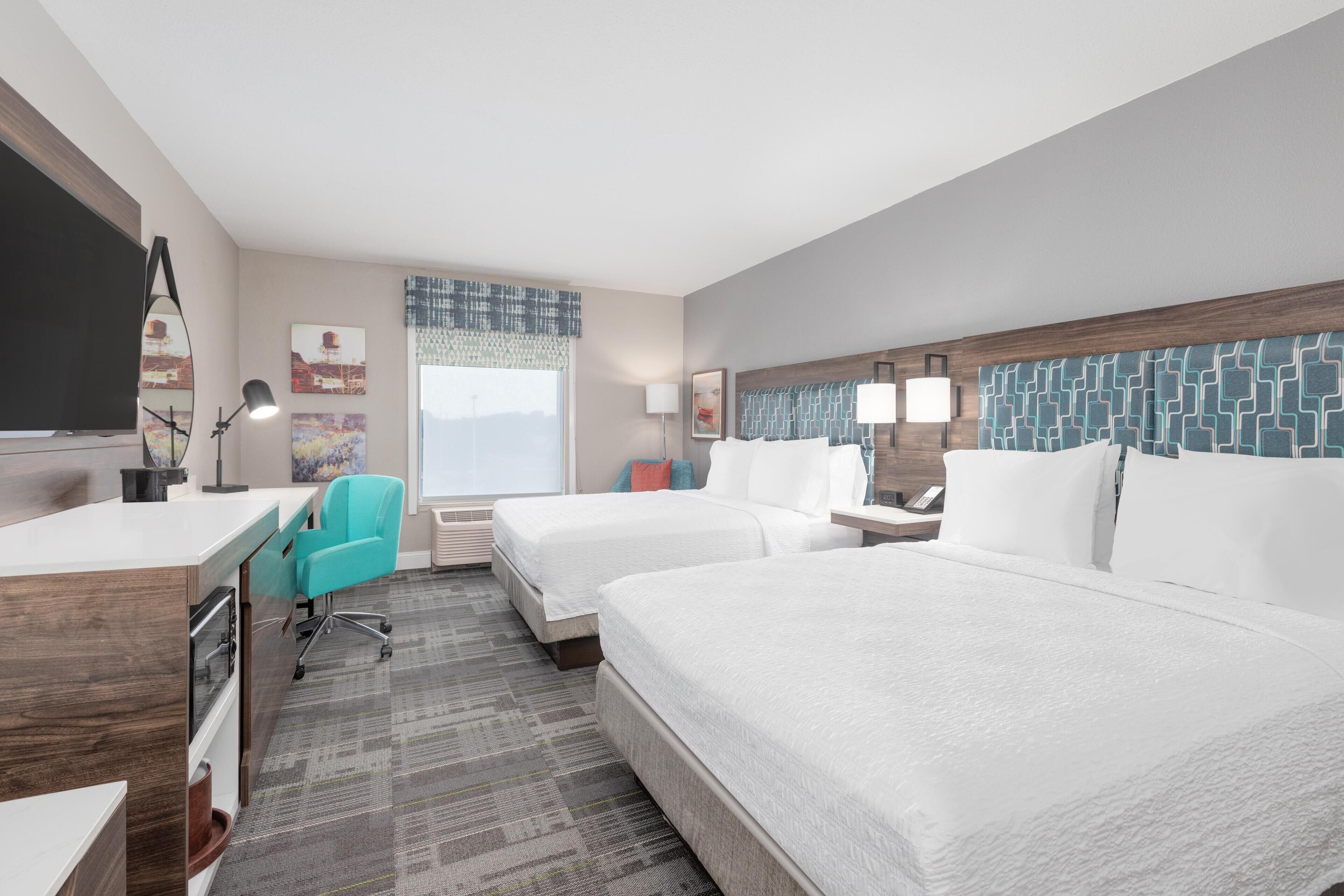 Two Queen Beds, Non-Smoking | Desk, laptop workspace, blackout drapes, iron/ironing board