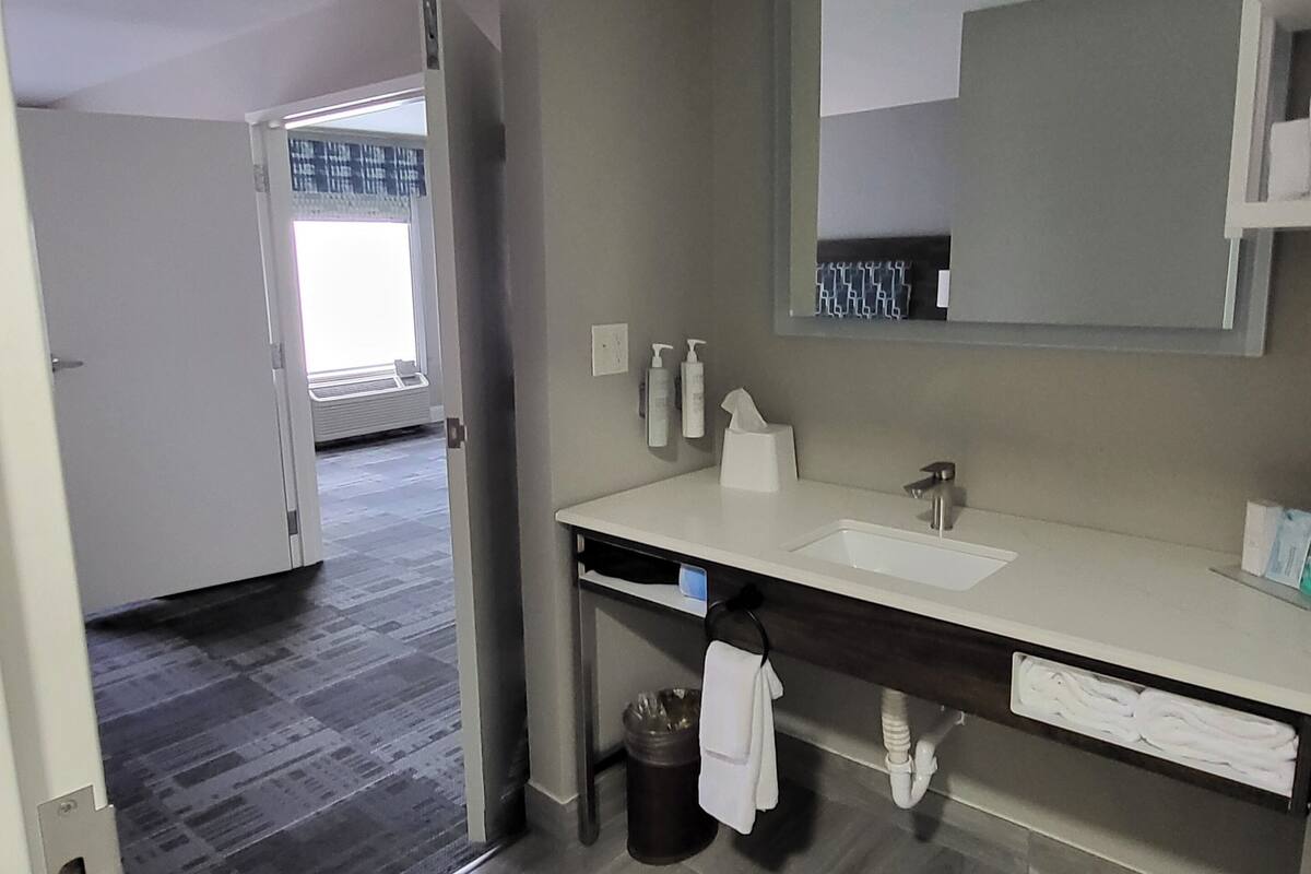 suite, 1 king bed, non smoking | bathroom | free toiletries, hair dryer, towels
