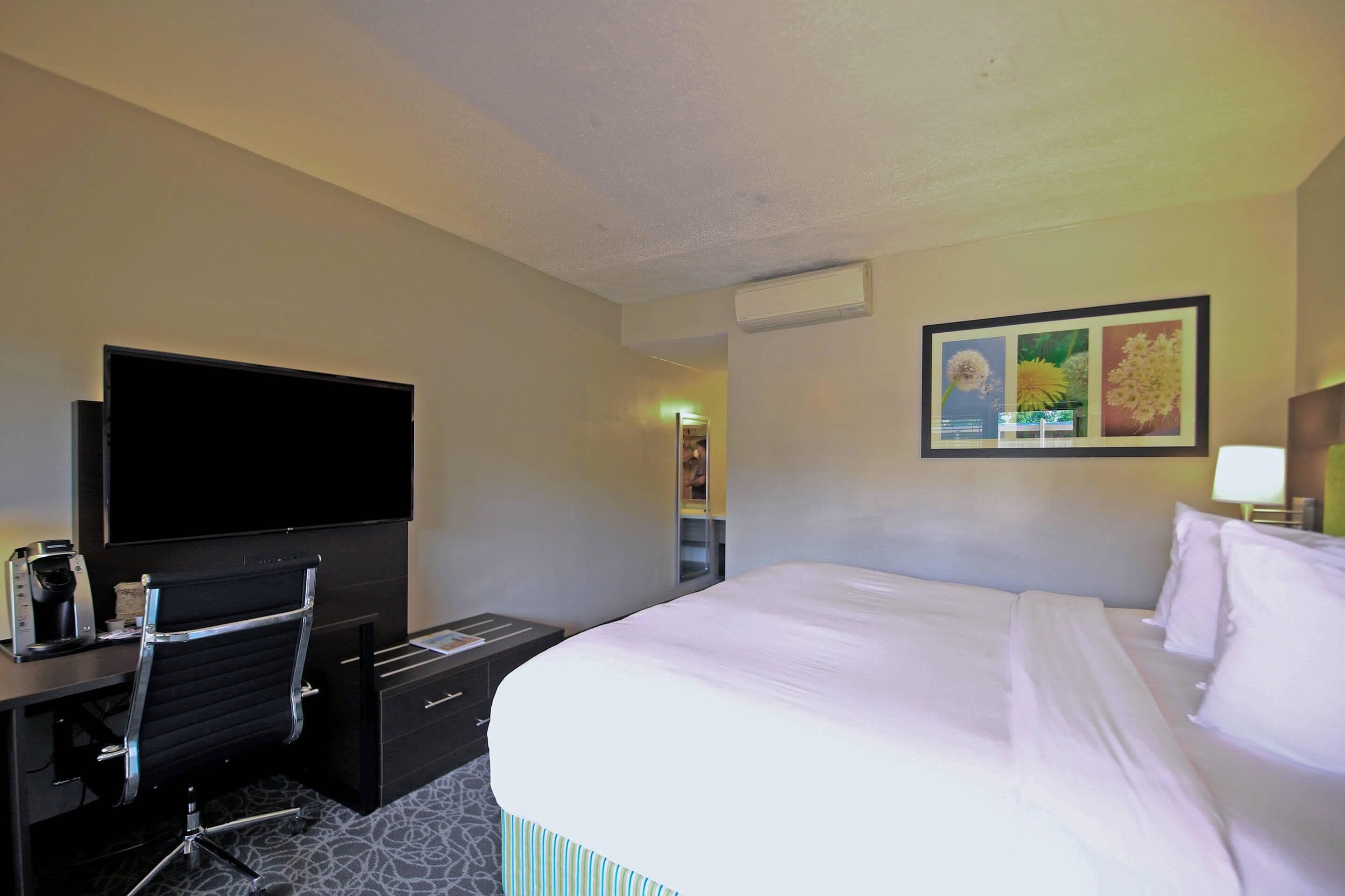 A hotel room with a large bed, a flat-screen TV, a desk with a chair, and a framed picture on the wall.