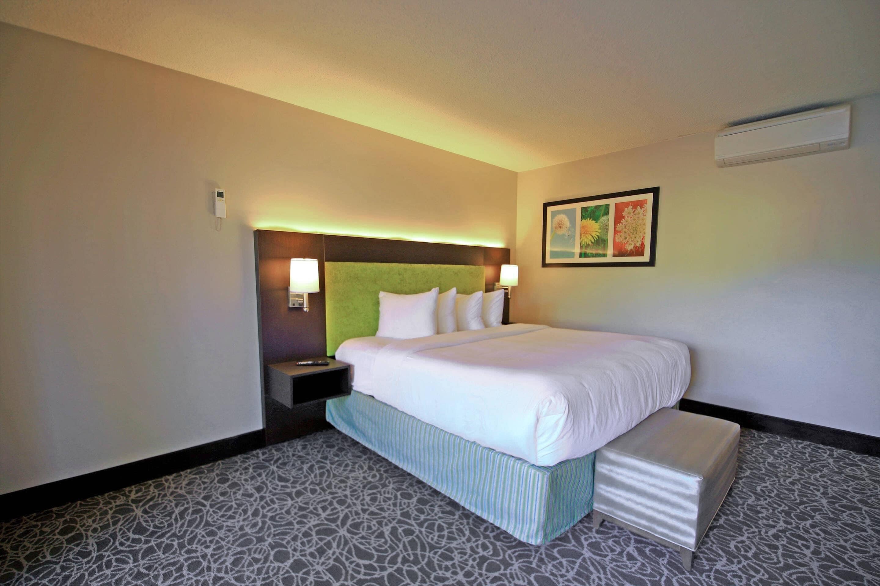A hotel room with a large bed, a headboard, bedside lamps, a nightstand, and a patterned carpet.