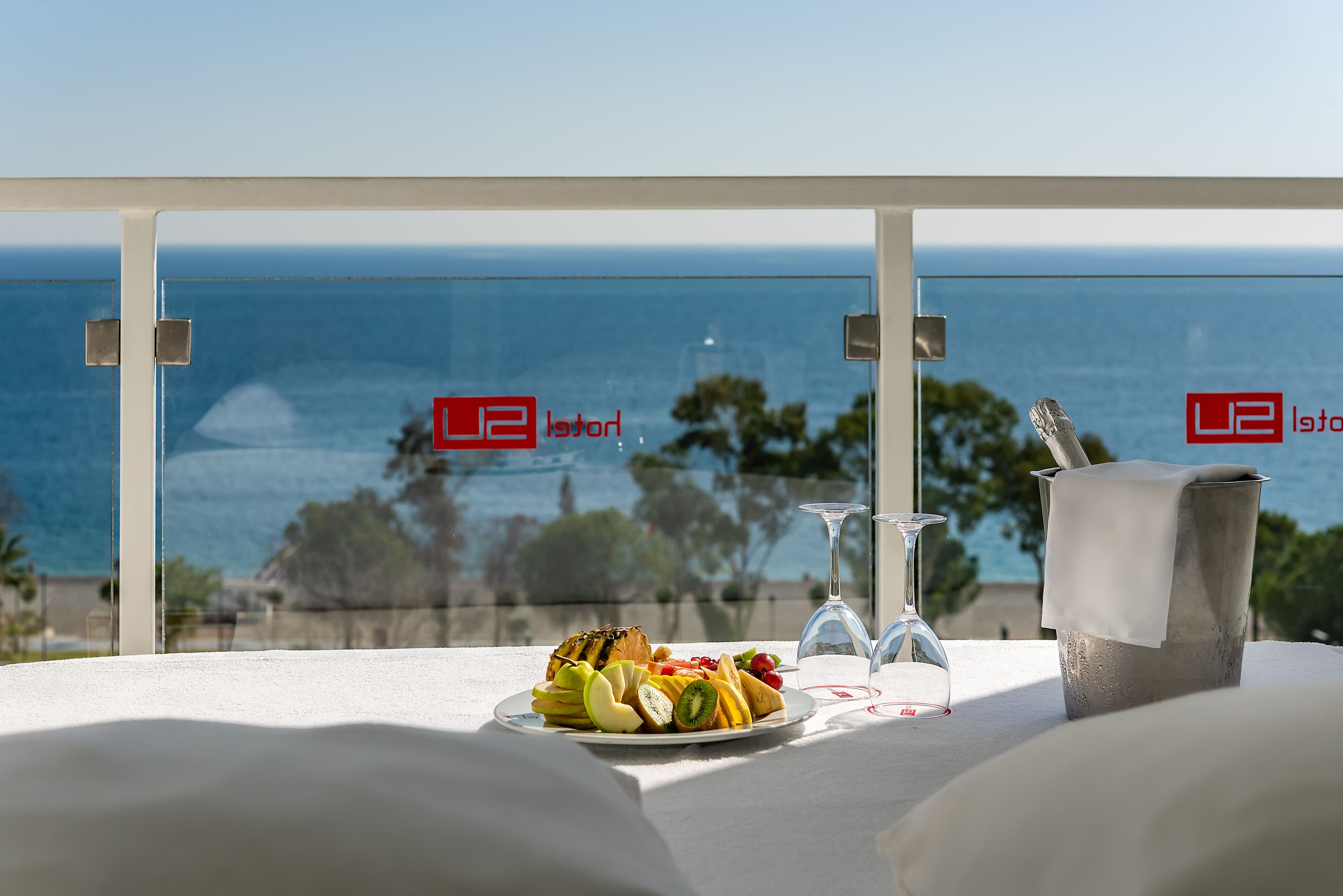 A table with a fruit platter, a glass of water, and a glass of wine, with a view of the ocean and trees in the background.