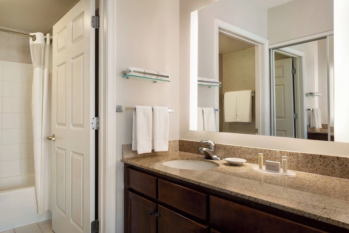 combined shower/bathtub, free toiletries, hair dryer, towels
