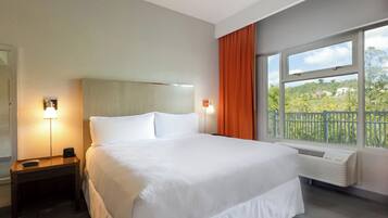 Habitación de hotel con una cama grande, una mesita de noche con lámpara y una ventana con vistas a zonas verdes.