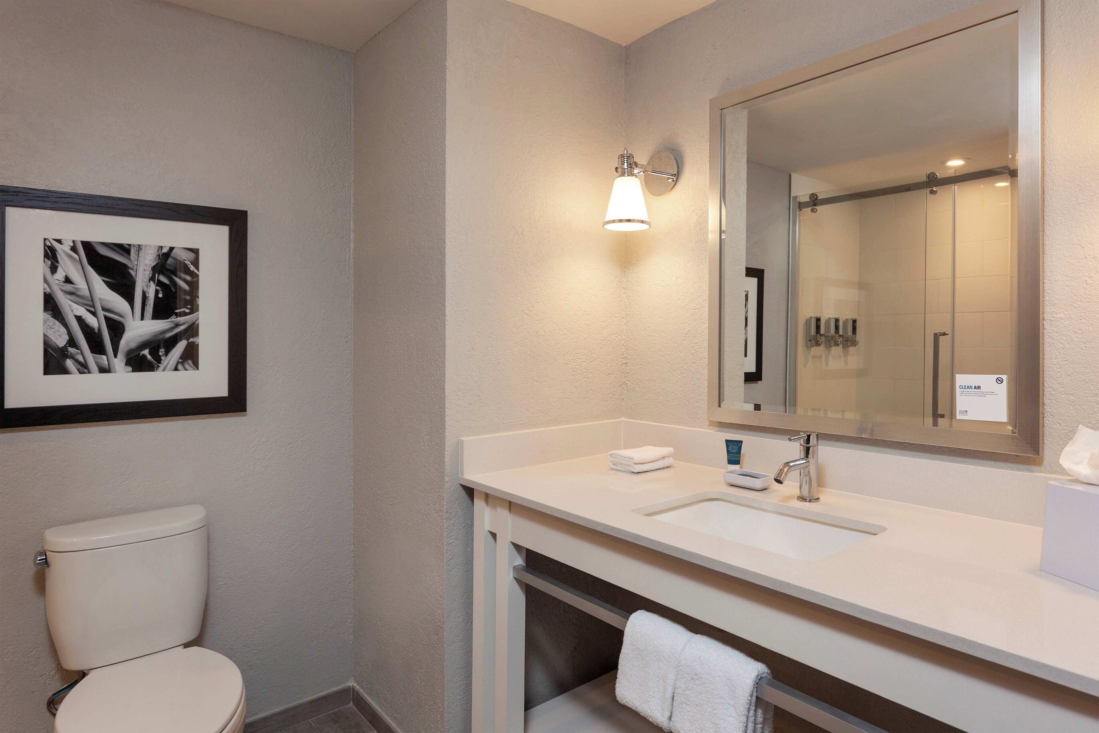 A modern bathroom with a white sink, a large mirror, and a framed black and white photograph on the wall.