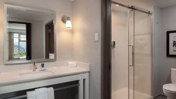 A modern bathroom with a large mirror, a white sink, a glass shower enclosure, and a toilet.