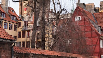 Vista de una calle con edificios de ladrillo, una casa con techo rojo y un árbol grande.