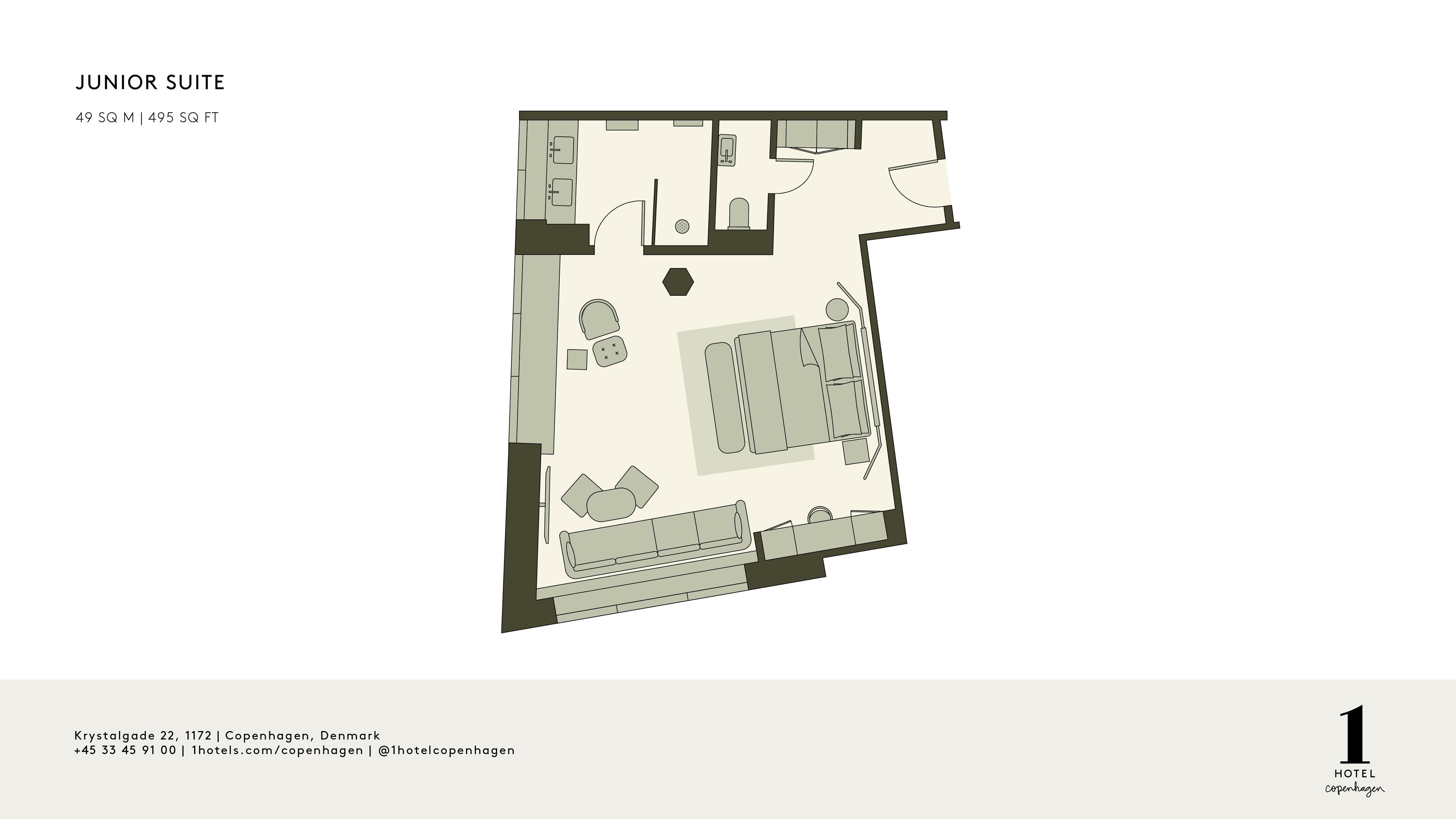 A junior suite floor plan with a living area, kitchen, and bathroom.