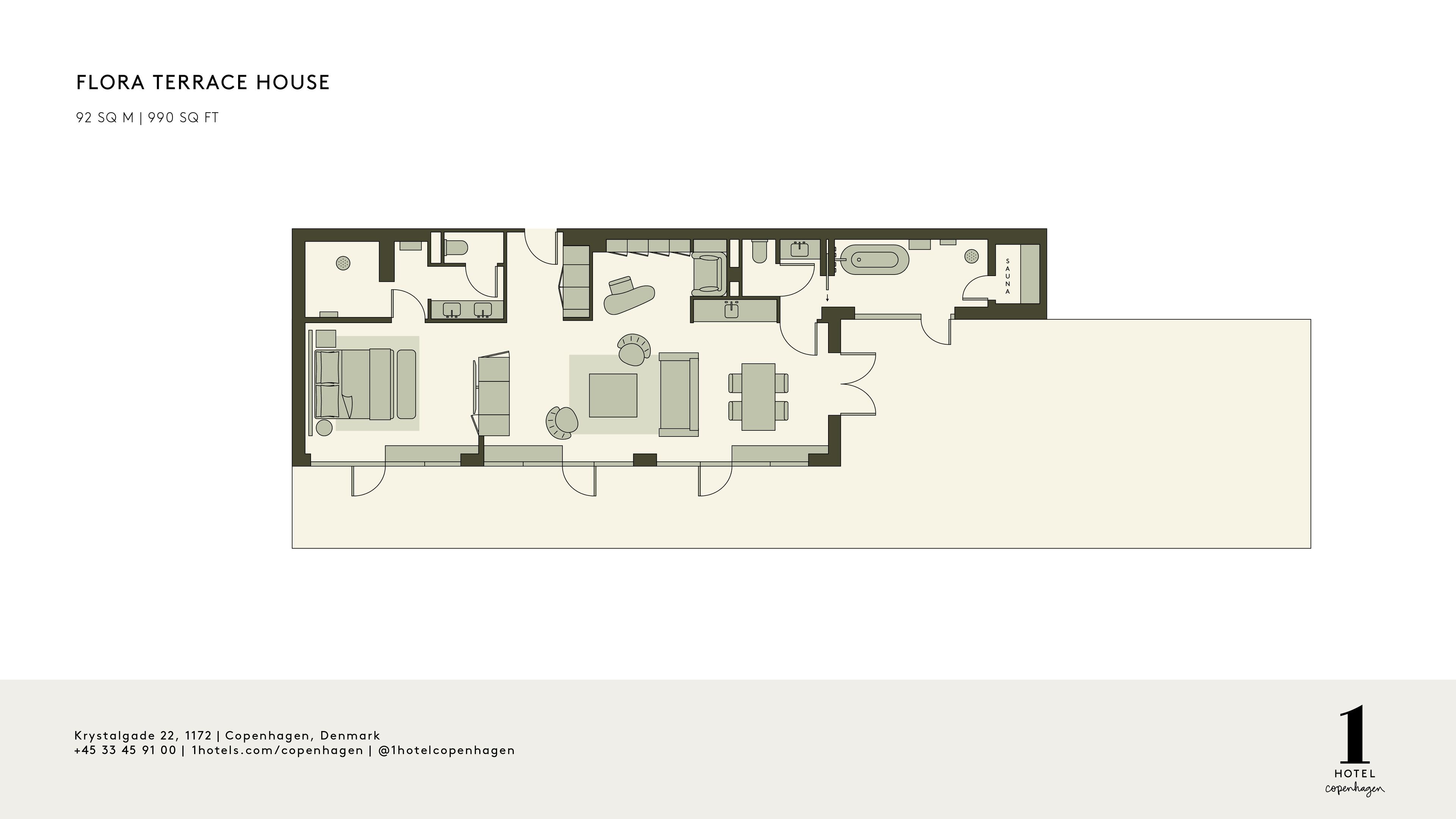 En planritning över huset Flora Terrace, 92 kvadratmeter, med bastu, flera sovrum, ett vardagsrum och ett kök.