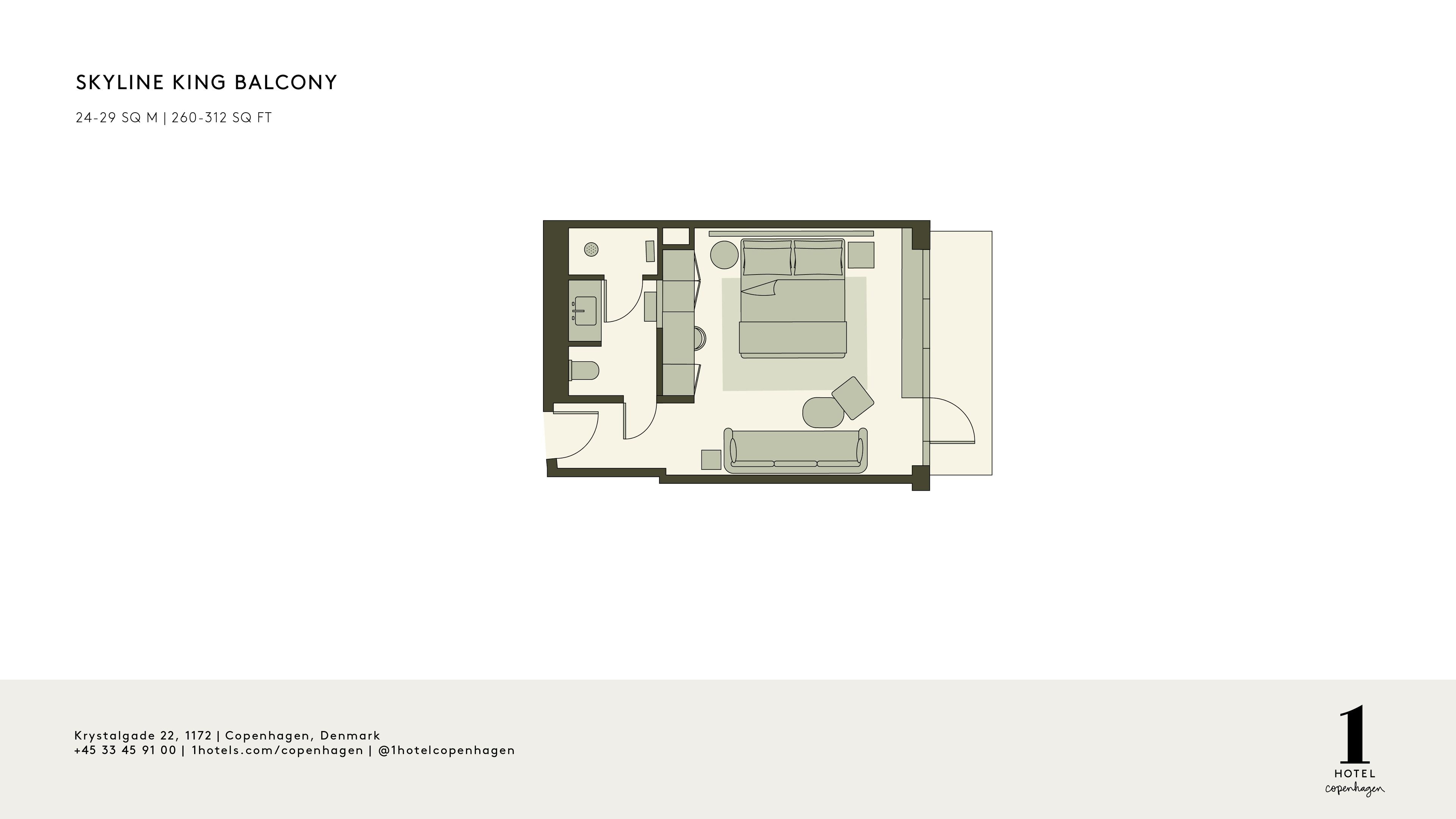 A floor plan of the Skyline King Balcony room, including a bed, a sofa, a small table, and a chair.