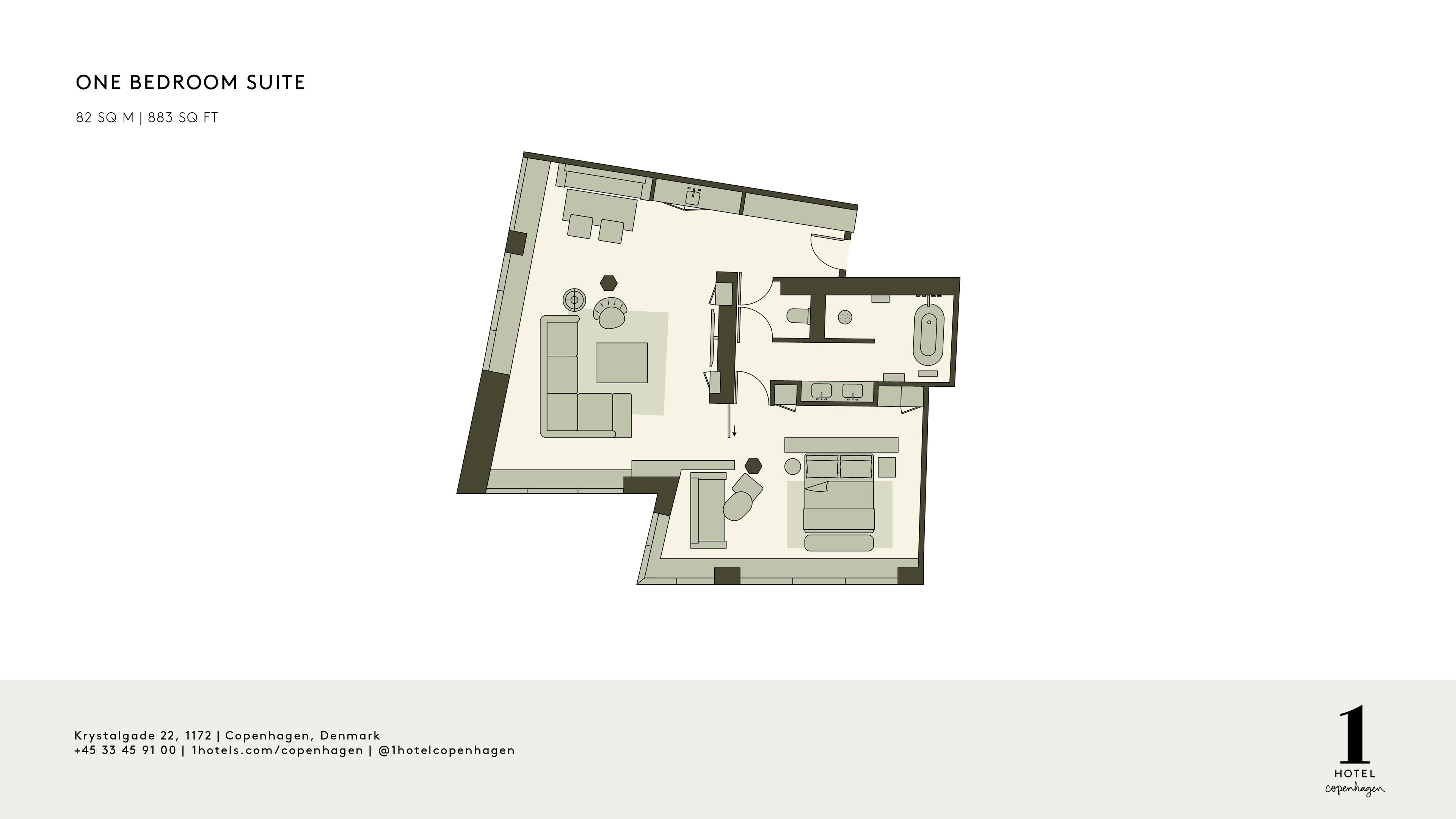 A one-bedroom suite layout with a living area, kitchenette, and bathroom.