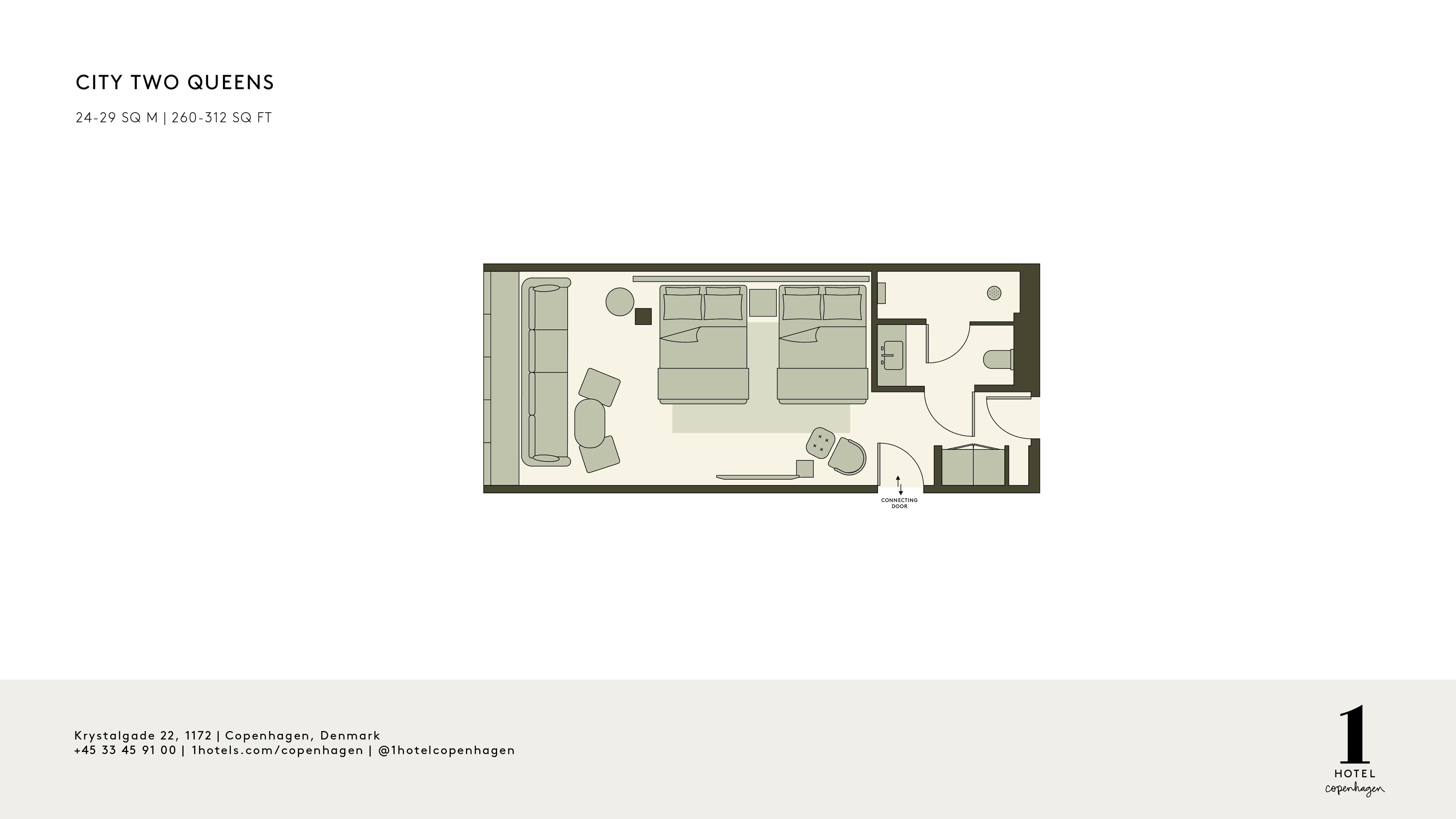 Plano de distribución del hotel CITY TWO QUEENS que muestra una puerta comunicante, dos dormitorios, un baño, una cocina y una sala de estar.