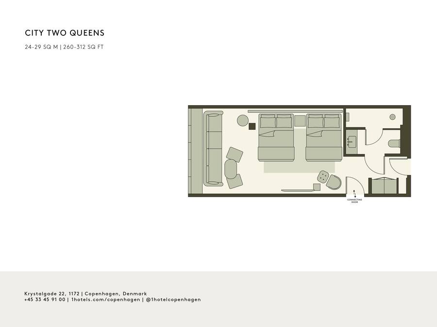 Plano de distribución del hotel CITY TWO QUEENS que muestra una puerta comunicante, dos dormitorios, un baño, una cocina y una sala de estar.