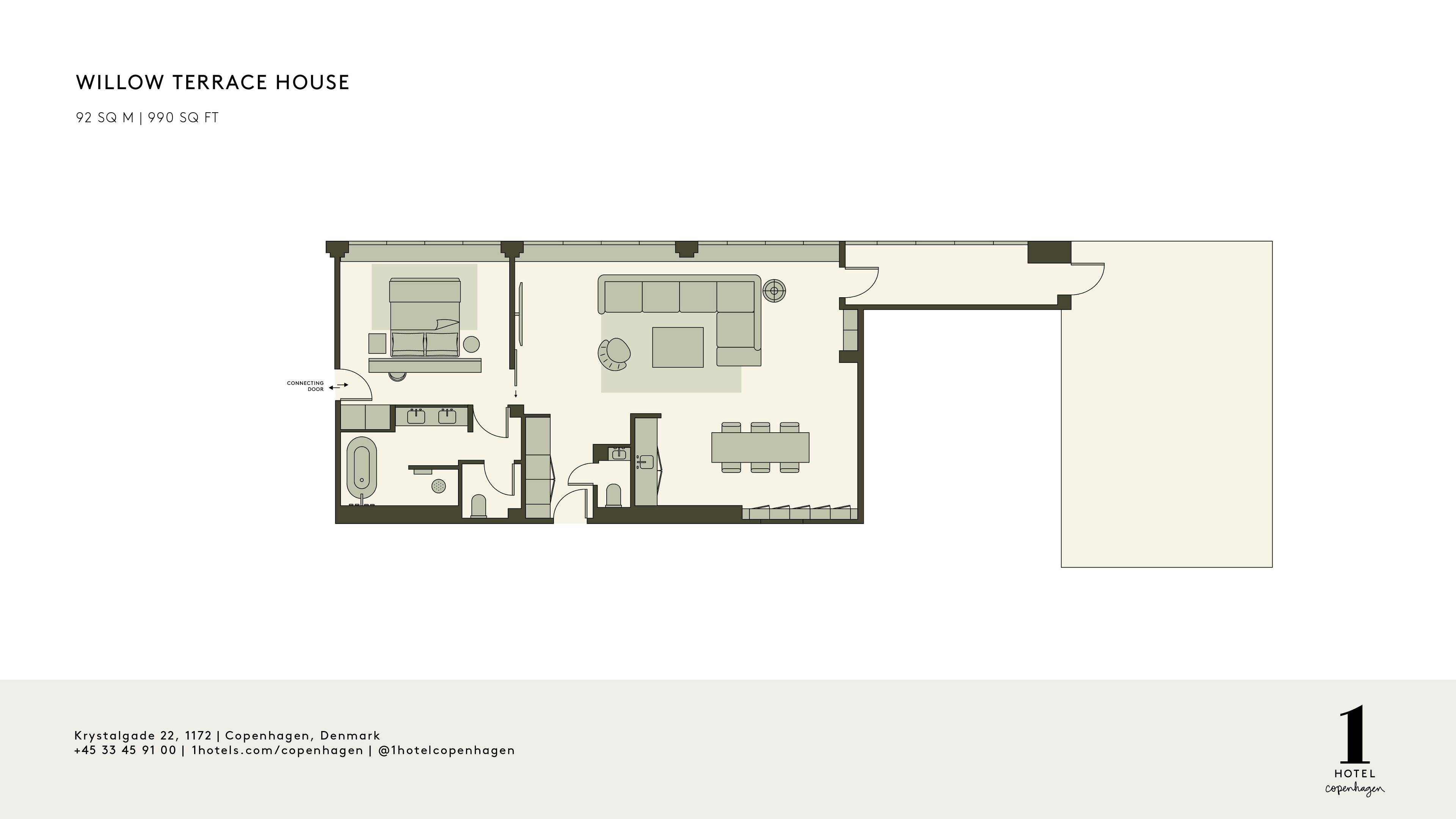 En planritning över huset Willow Terrace, 92 kvadratmeter, beläget på Krystallgade 22, 1172 Köpenhamn, Danmark. Planritningen visar vardagsrum, matplats, kök, badrum och en dörr som förbinder rummen.