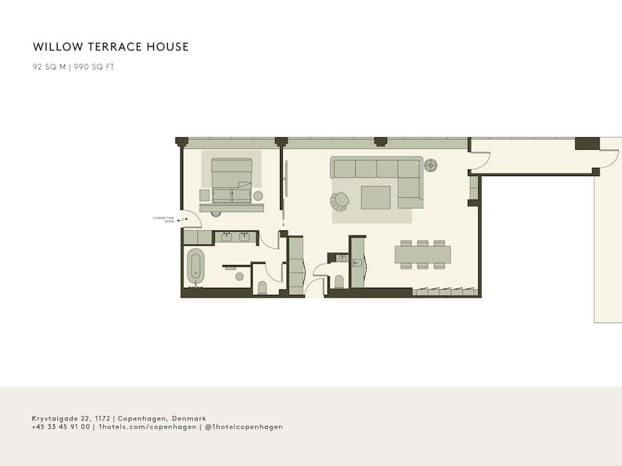 A floor plan of the Willow Terrace House, 92 SQ M | 990 SQ FT, located at Krystallgade 22, 1172 | Copenhagen, Denmark. It includes a living room, dining area, kitchen, bathroom, and connecting door.