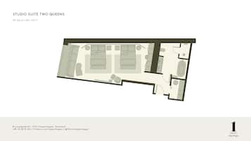 A floor plan of Studio Suite Two Queens at 1 Hotel Copenhagen, including a living area, two bedrooms, a bathroom, and a small kitchen.