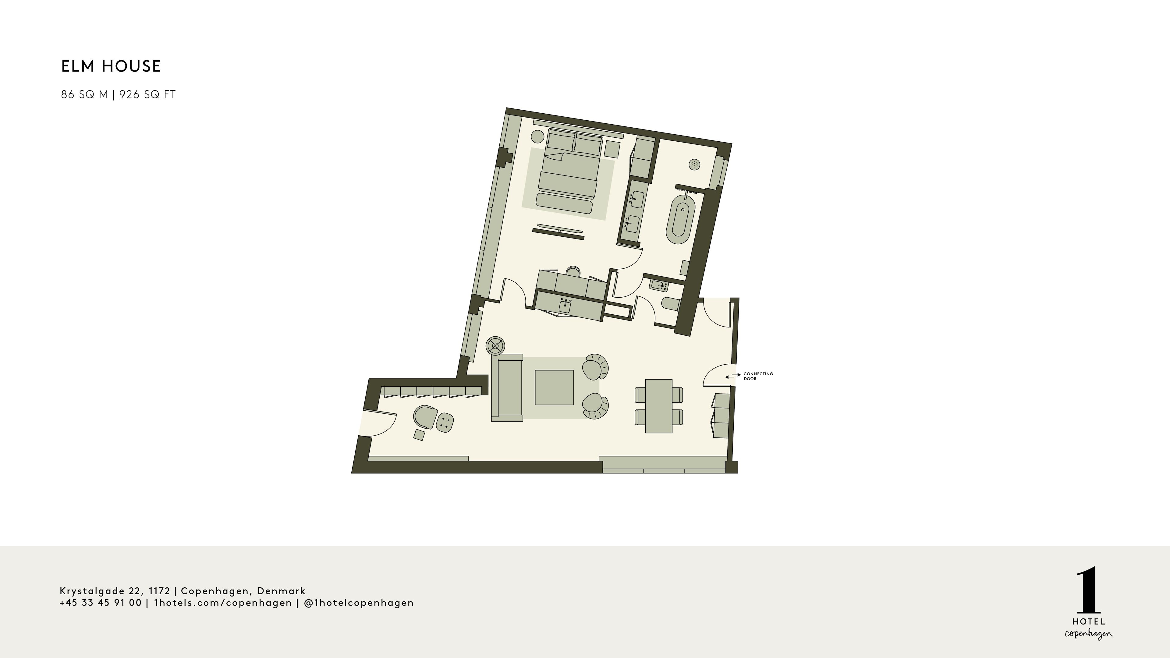 Grundriss vom Elm House mit 86 qm, 926 Quadratfuß, gelegen in der Krystallgade 22, 1172, Kopenhagen, Dänemark. Es zeigt ein Wohnzimmer, einen Essbereich, eine Küche und eine Verbindungstür.