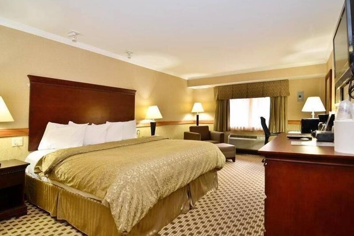Une chambre d’hôtel avec un grand lit, deux tables de chevet avec des lampes, un bureau avec une chaise, une télévision et une fenêtre avec des rideaux.