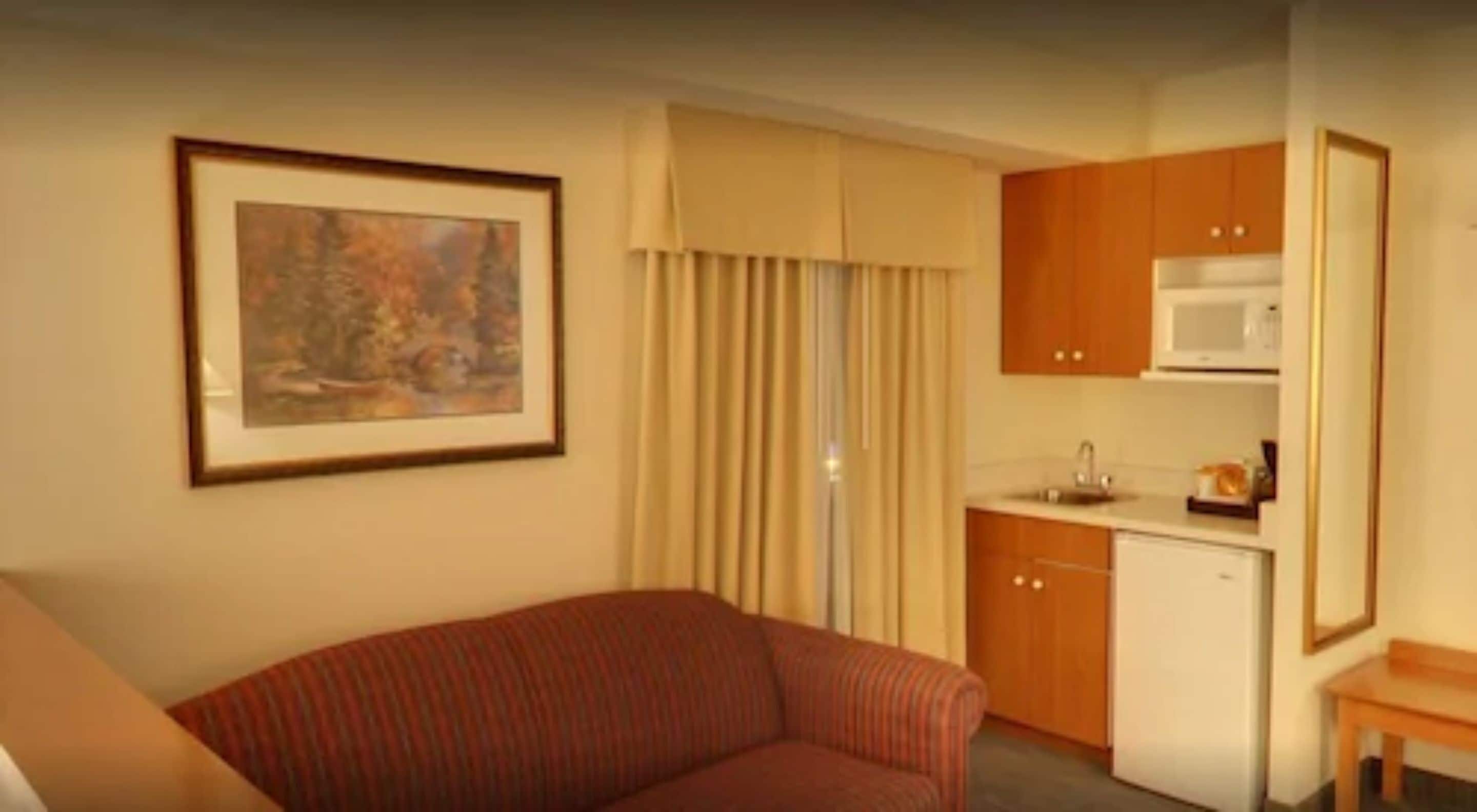 A compact hotel room with a sofa, a kitchenette, a framed picture on the wall, and a window with curtains.