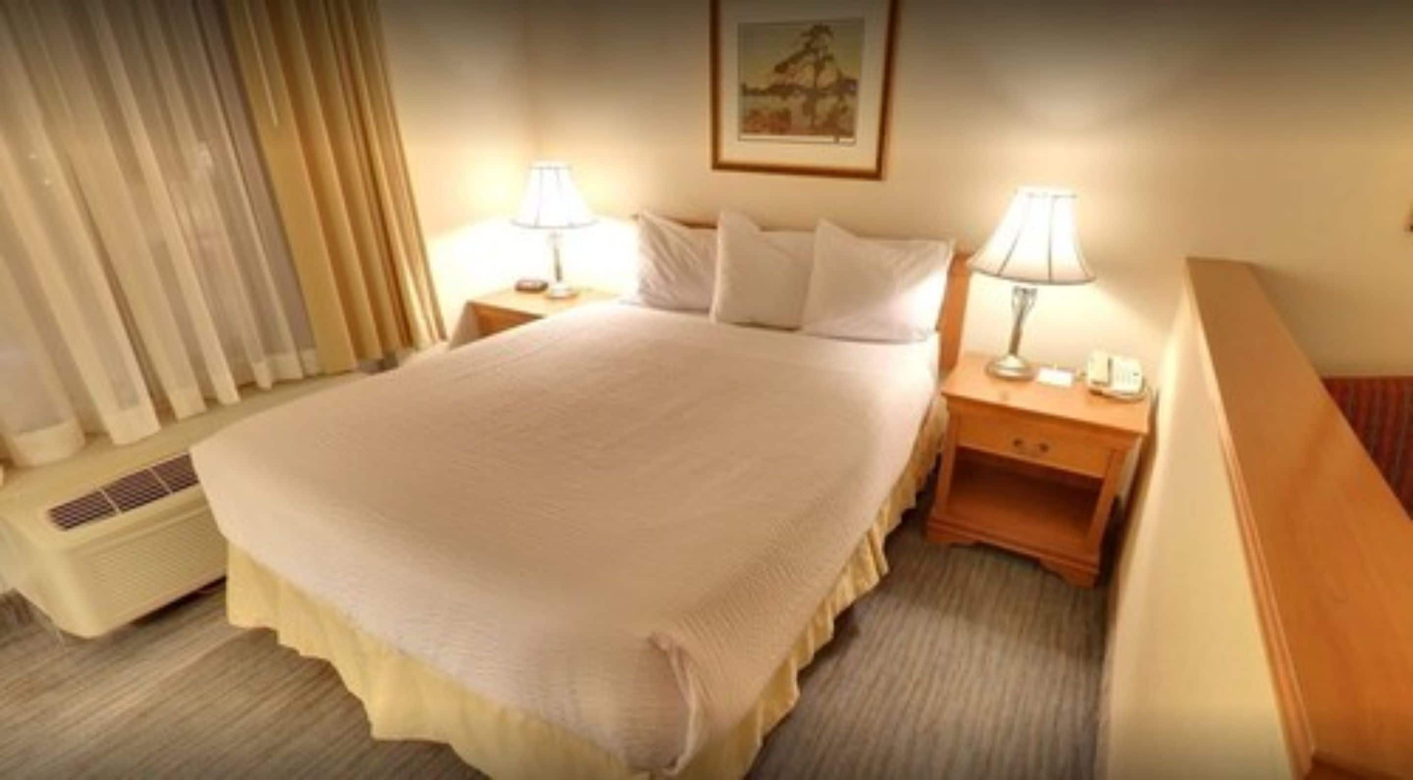 Habitació d'hotel amb un llit, dues taules de nit amb làmpades, un calefactor i una finestra amb cortines.