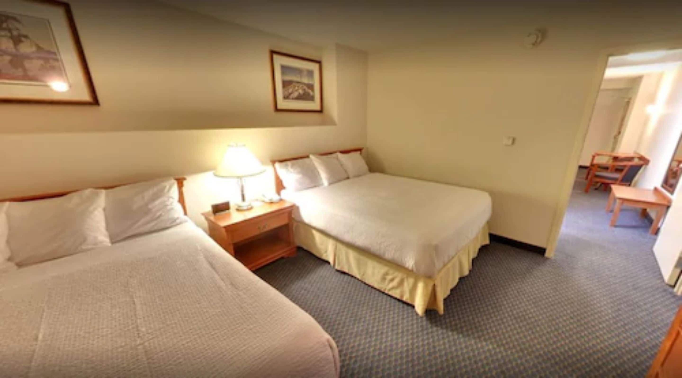 Habitación de hotel con dos camas, una mesita de noche con lámpara y un pequeño escritorio con silla.