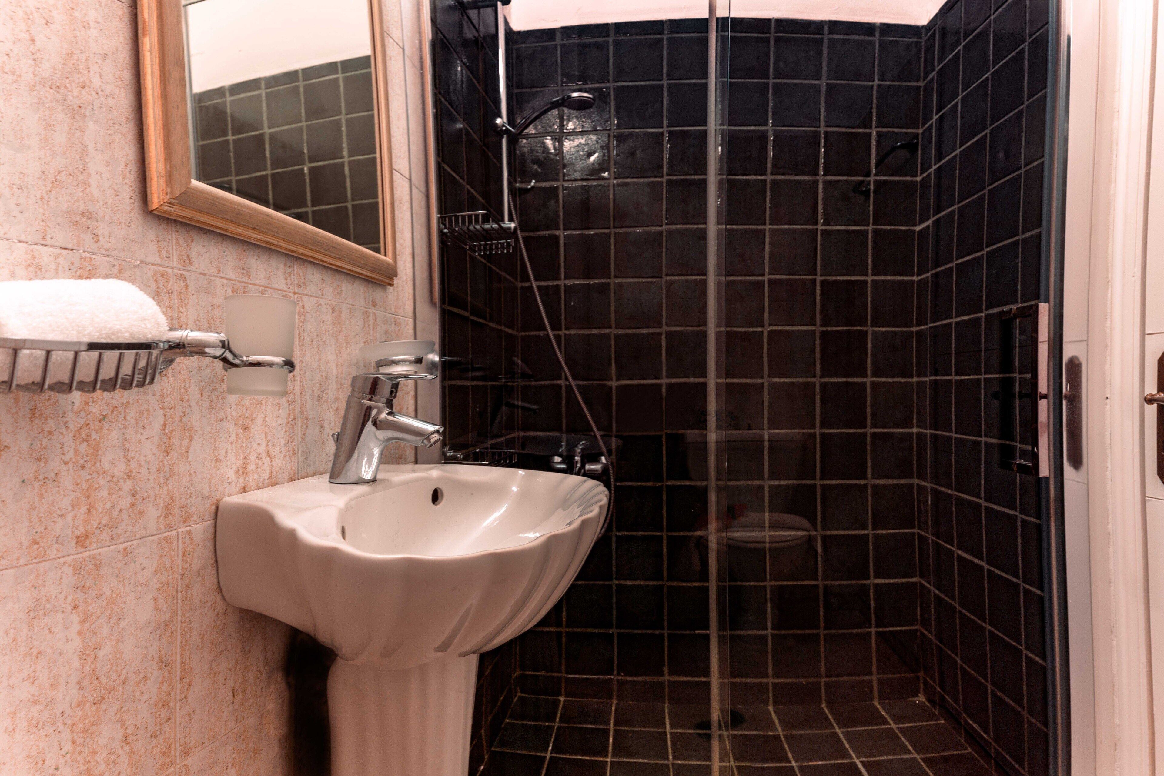 Une salle de bain avec un lavabo blanc, un miroir et un espace douche avec des carreaux noirs.
