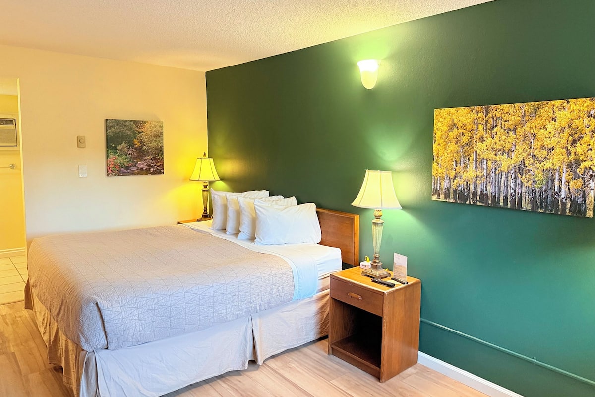 A hotel room with a bed, bedside lamps, a nightstand, and a painting on the wall.