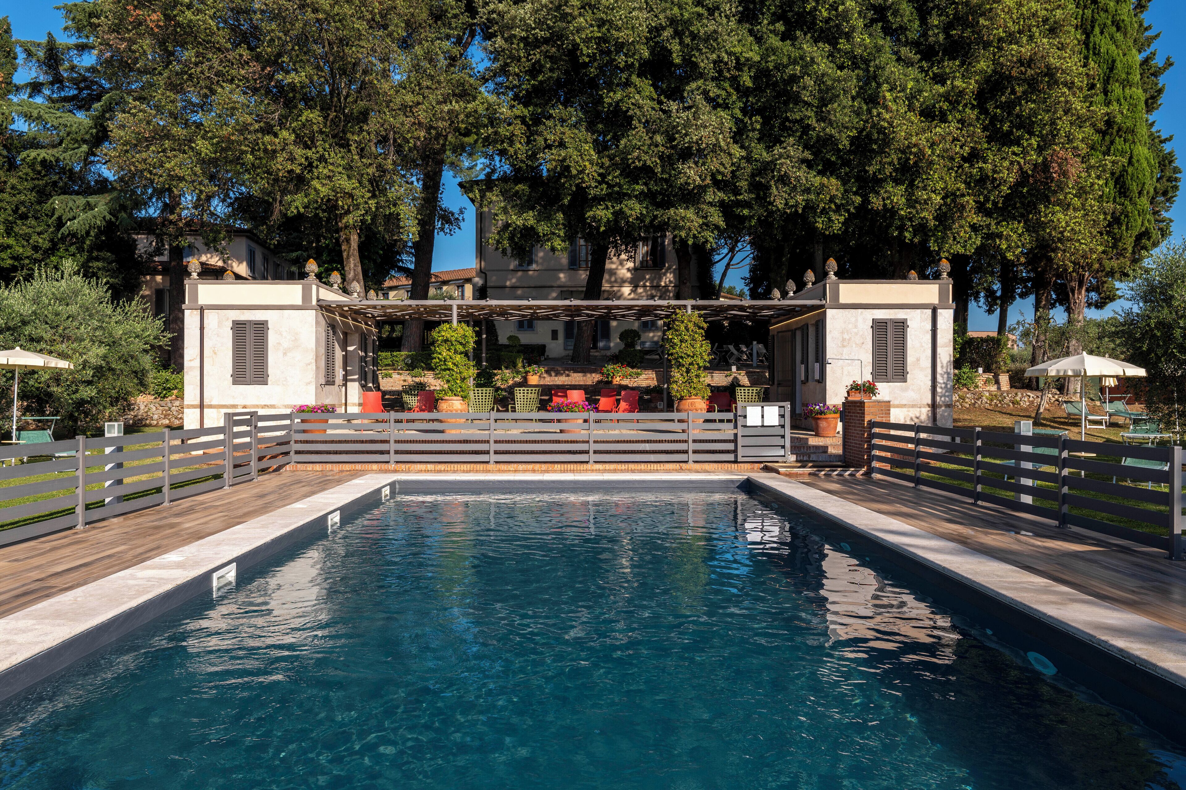 indoor pool, seasonal outdoor pool, pool loungers