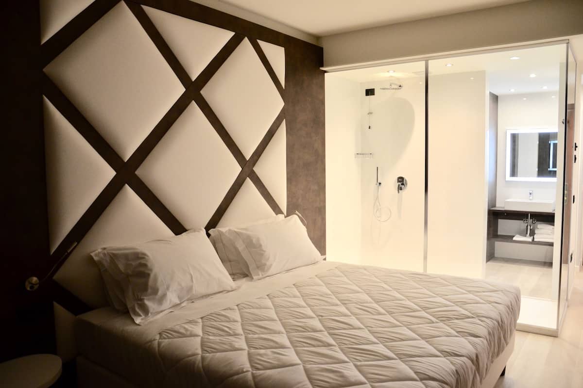 A modern bedroom with a large bed, a built-in wardrobe, and a shower area.