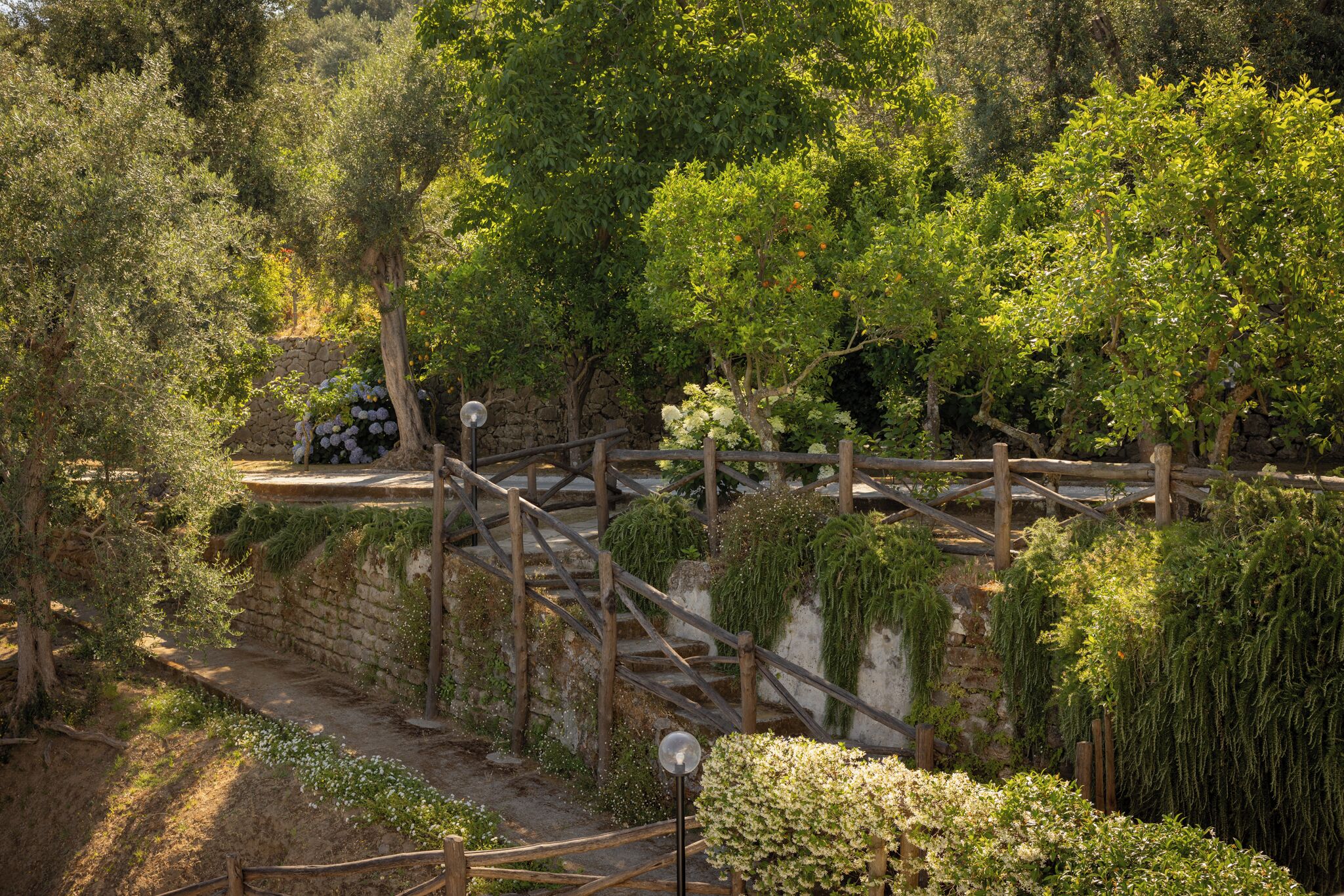 A stone wall with a wooden staircase leading up to a garden area with various plants and trees.
