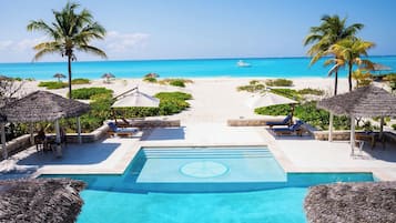 Outdoor pool, pool umbrellas, pool loungers