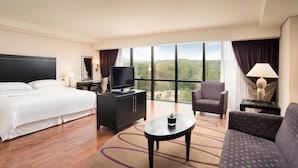 A hotel room with a bed, a desk with a TV, a chair, a sofa, and a large window offering a view of the outdoors. - Mak Albania (Tirana)