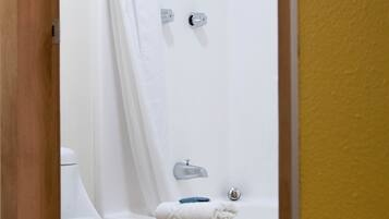 A bathroom with a white toilet, a shower, and a bathtub.