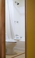 A bathroom with a white toilet, a shower, and a bathtub.