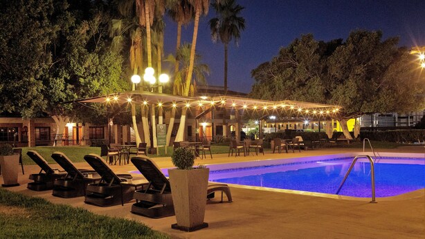 A pool area with lounge chairs, a covered seating area, and palm trees. - Hotel Colonial Mexicali (Mexicali)