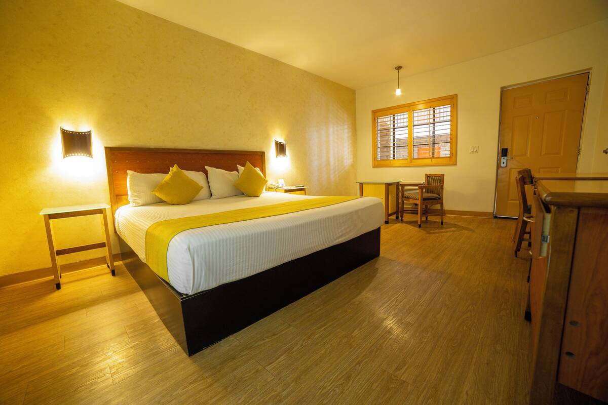 Habitación de hotel con una cama grande, mesitas de noche, un escritorio y una silla.