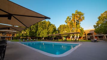 A swimming pool with sun loungers and umbrellas, surrounded by trees and buildings.