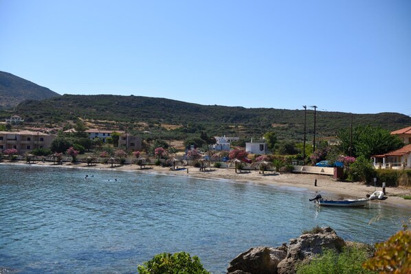 On the beach, sun-loungers, beach umbrellas