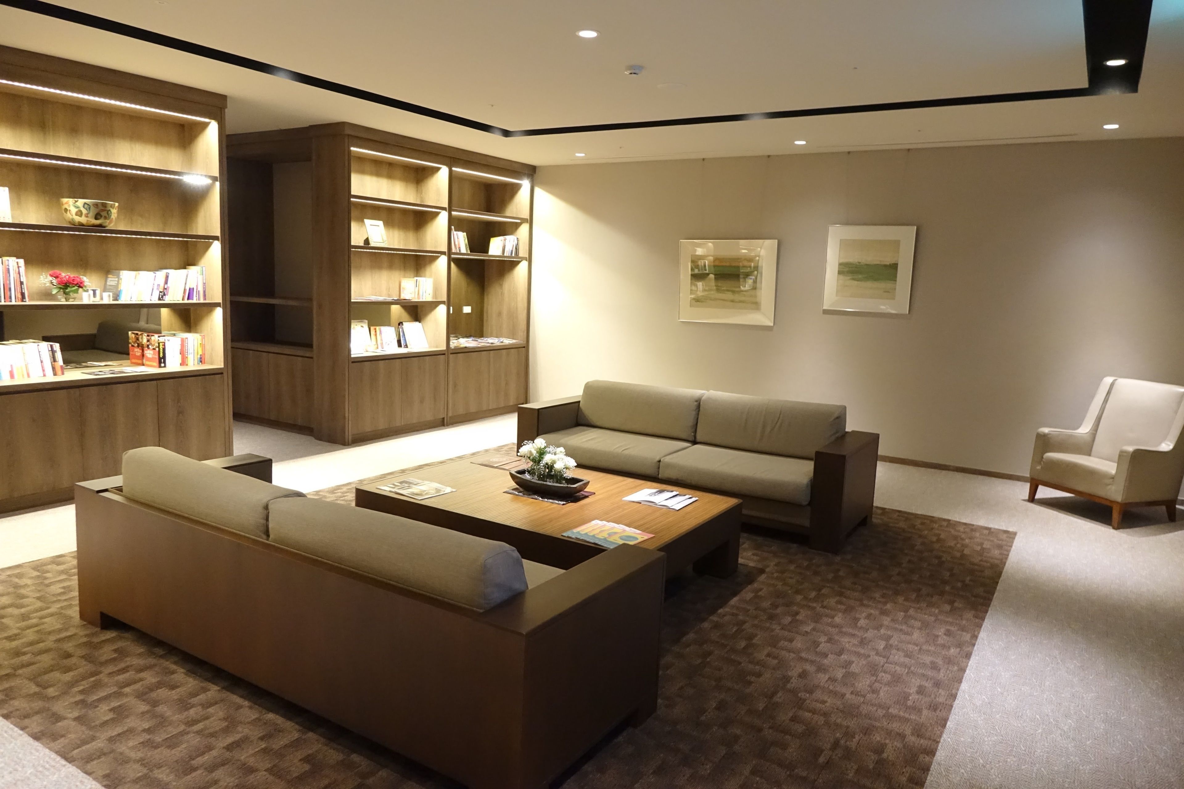 Un salon moderne avec un canap é, une table basse et des étagères.