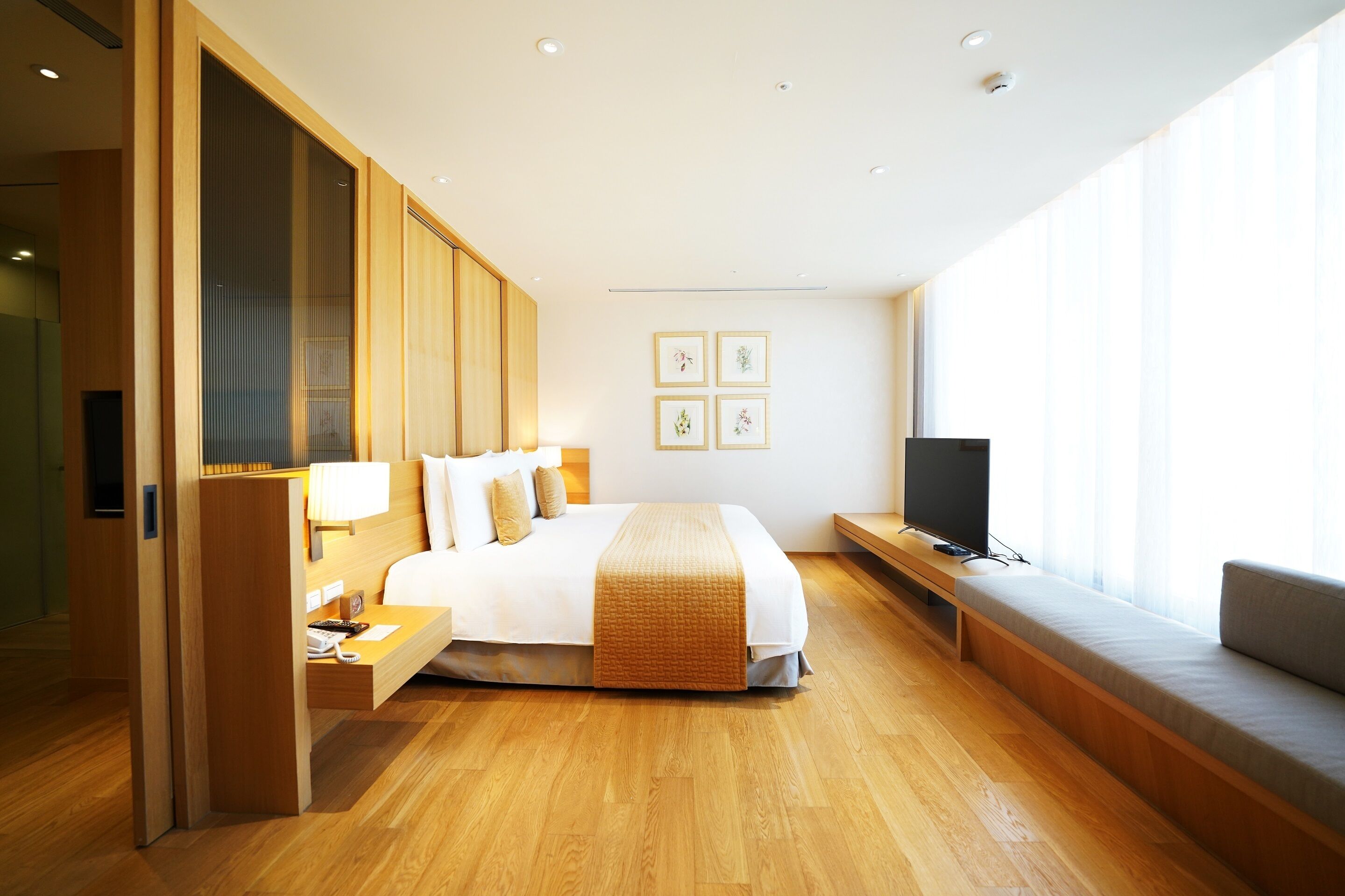 Una habitación de hotel moderna con una cama grande, un televisor y un sofá.
