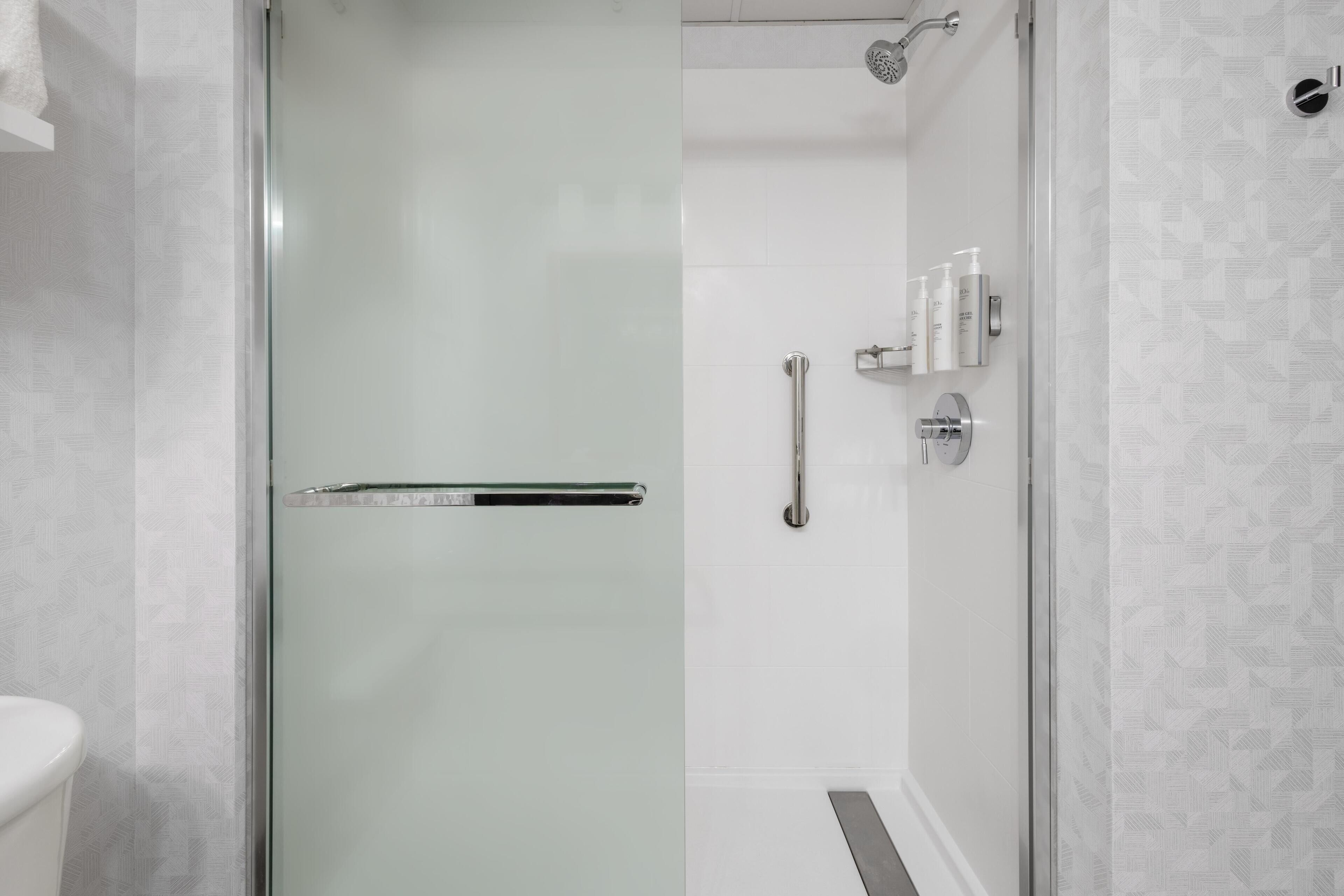 Une salle de bain moderne avec une douche à parois de verre, des toilettes et une barre d’appui.